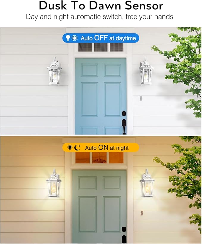 VIANIS 2 Pack Outdoor Wall Lights, Dusk to Dawn Exterior Light Fixture for House, 100% Anti-Rust Aluminum Waterproof Porch Light Outside Wall Lights, White Outdoor Wall Sconce Lanterns for Garage