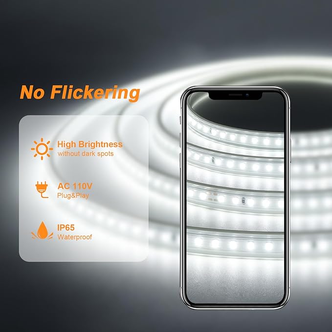 AIMENGTE Outdoor LED Strip Lights Waterproof, AC 110V, 1200LEDs, 6500k LED Rope Bright Lights for Garden, Patio, Indoor Under Cabinet Home Christmas Decoration(32.8ft, Cool White)