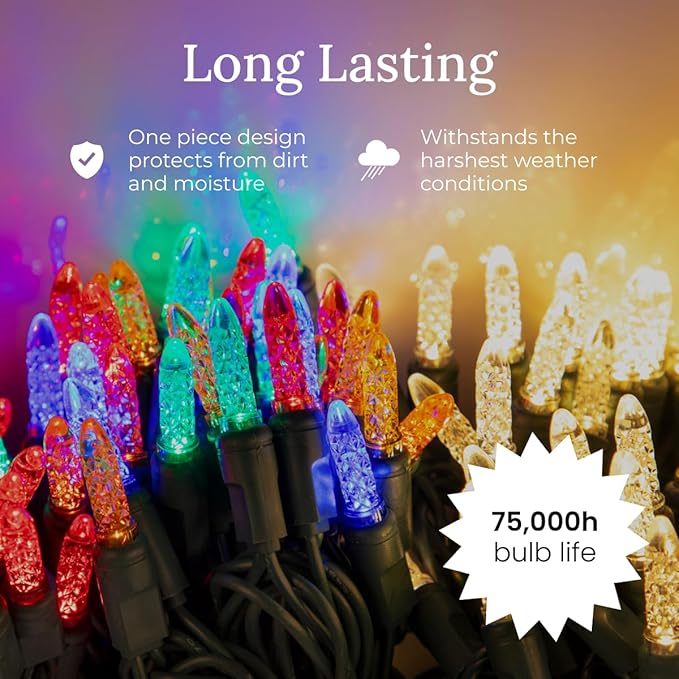 Pro Christmas M5 LED Holiday Lights - 100 Bulbs, 33.3ft - Professional Grade Indoor Outdoor Diamond Cut Sparkle Light Strings for Home Decorations and Christmas Trees - Red