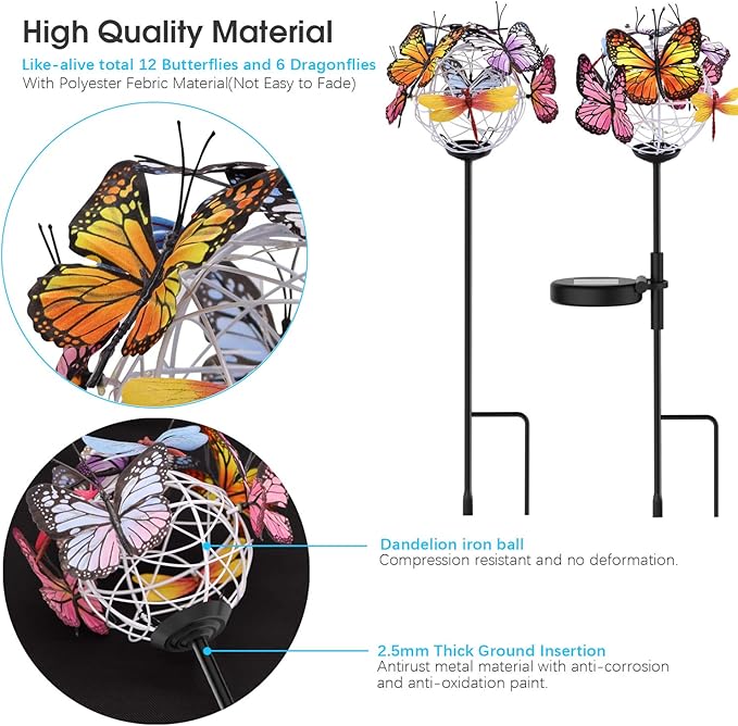 Aiscool Solar Powered Butterfly Garden Stake Lights (2 Pcs Butterfly Lights)