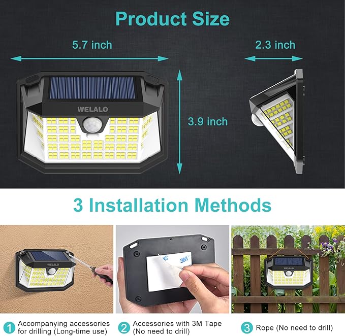 Solar Motion Sensor Lights Outdoor, [3 Modes/4 Pack/188 LED] 270° Wide Angle Lighting,Security Solar Powered Wall Lights, IP65 Waterproof Flood Lights for Fence Porch Yard Patio(Black)