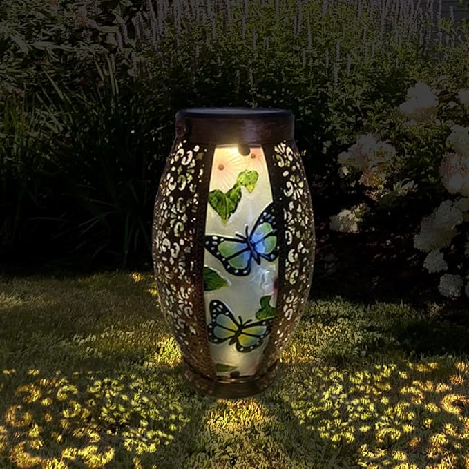 2PCS Butterfly Solar Lanterns Glass & Metal Hanging Light Outdoor Waterproof 16" H Tabletop Lamp with Hollowed-Out Design with Shepherd's Hooks for Garden Patio Table Decor