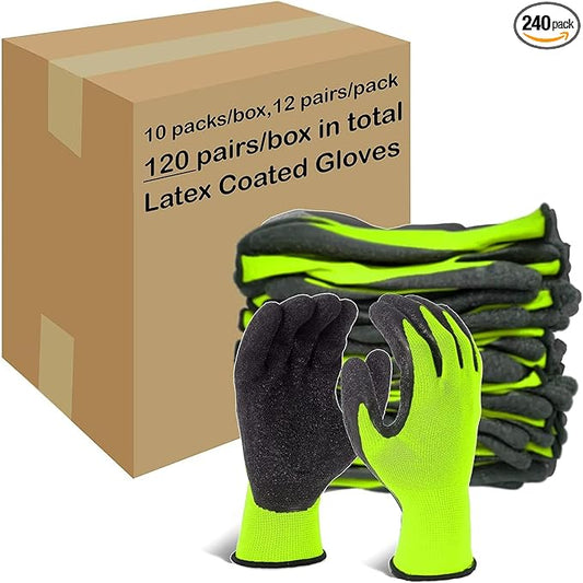Evridwear Crinkle Latex Rubber Hand Coated Safety Work Gloves for Men Women General Multi Use Construction Warehouse Gardening Assembly Landscaping (XL-Size) Lime 120 Pairs Pack