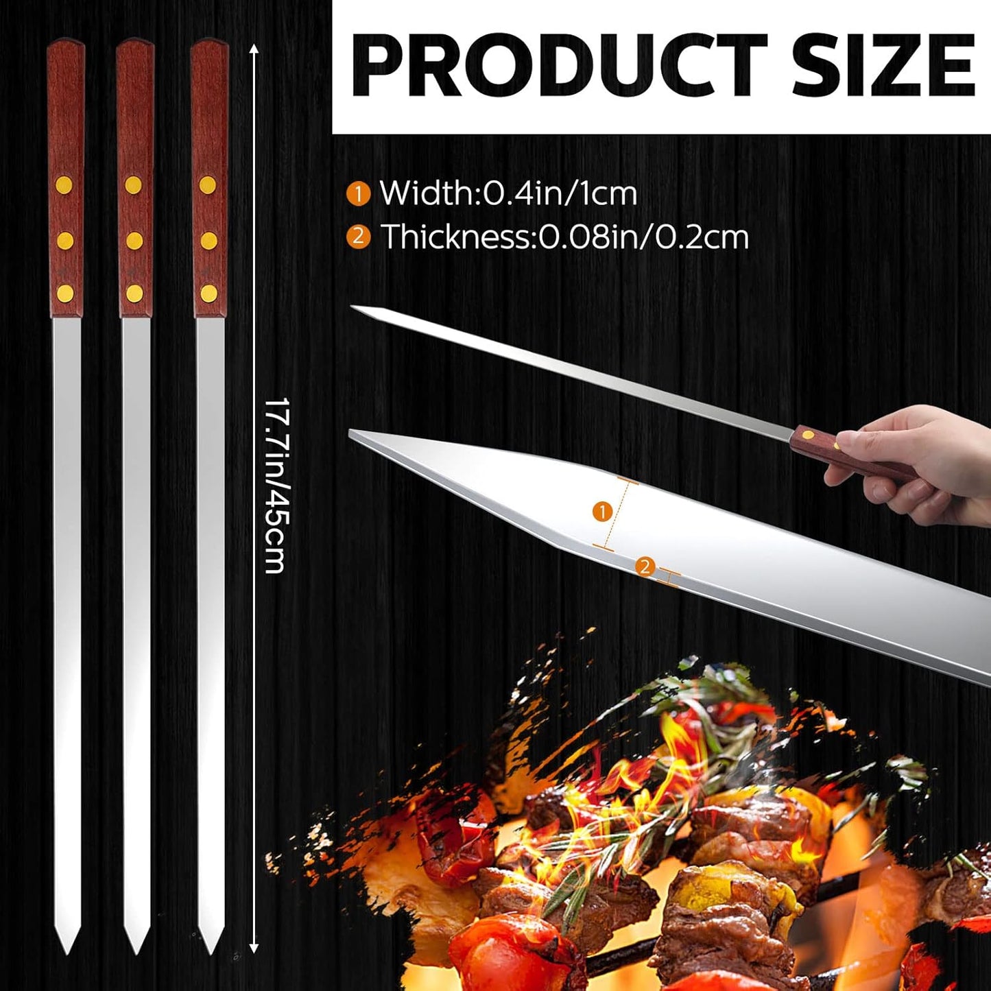 Cunhill 12 Pcs 17.7 Inch Kabob Skewers for Grilling 0.4 Inch Wide Flat Blade Thin Stainless Steel Kabob Sticks Long Barbecue Reusable Metal BBQ Skewers with Wood Handles for Tailgate Party Outdoor
