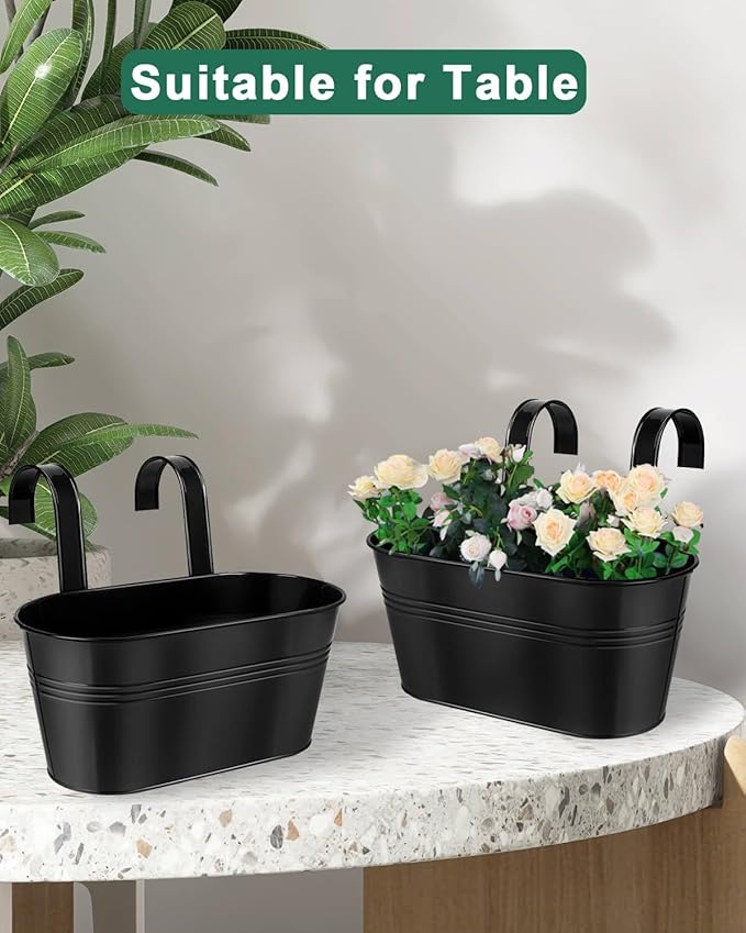 vensovo Metal Railing Planter for Outdoor Plants - 5 Pack Balcony Hanging Flower Pots with Detachable Hooks and Drain Holes Oval Bucket Rail Box Fence Planters for Home Garden Decor, Black