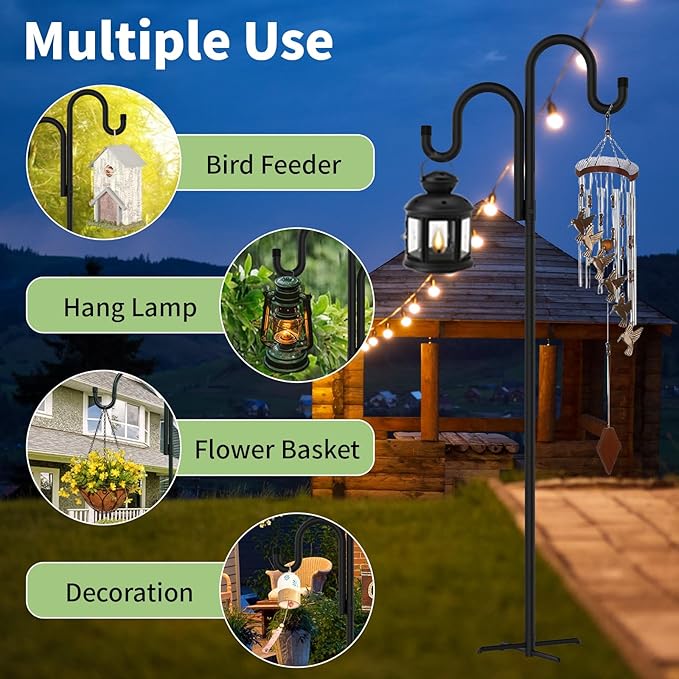 Double Shepherds Hooks for Outdoor, Bird Feeder Pole with 5 Prongs Base, Heavy Duty Garden Hook for Lantern, Wind Chime and Hummingbird Feeder, 62 Inch, 2 Pack