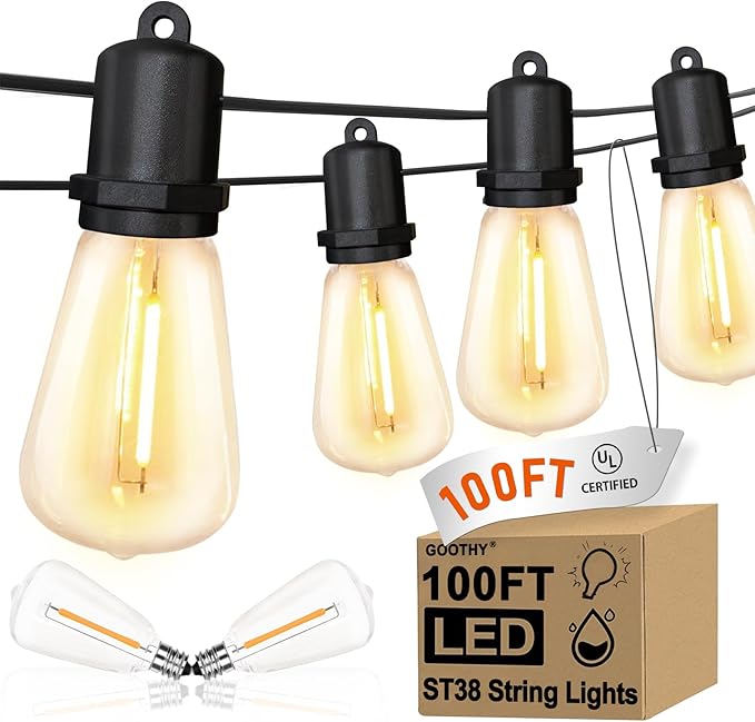 GOOTHY Outdoor String Lights 100Ft ST38 LED Patio Lights Outdoor Waterproof with 52 Vintage Edison Bulbs, Connectable Dimmable Backyard Light for Outside Backyard Porch Balcony Party Bar Decorations