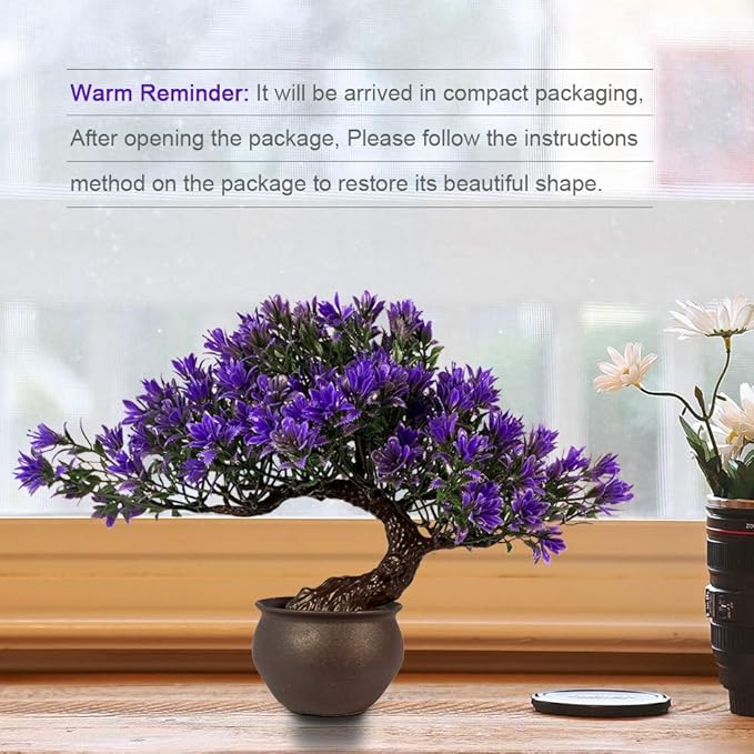 Fake Plants Plastic Artificial Bonsai Tree, Purple Room Decor Bonsai Tree for Home Bedroom Farmhouse Office Desk Decor, Tall 9.5"