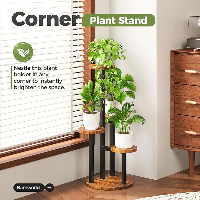 Bamworld 4 Tier Plant Stand Indoor Small Plant Shelf Outdoor Metal Tall Flower Holder Table Support Rack Garden Accessories for Plant Lovers(Brown)