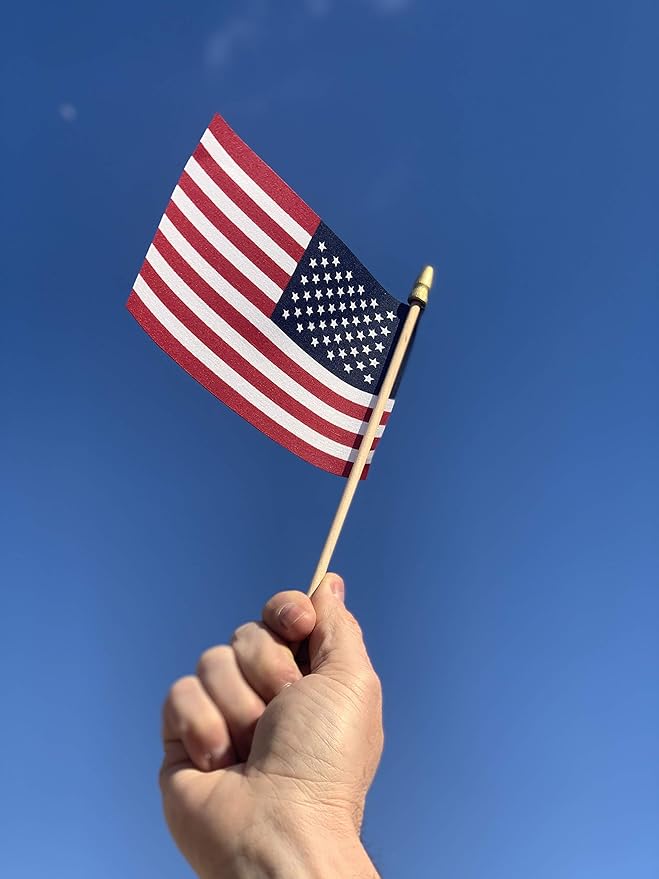 American Flags on Stick - Handheld Spearhead US Flag for 4th of July, Memorial Day Event Decorations - Patriotic Decor for Indoors & Yard - Wooden Stick, Cotton Fabric - (4"X6" - 144 Pack)