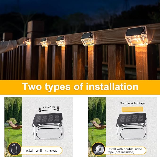 Solar Outdoor Lights, 8 Pack Solar Fence Deck Lights, Waterproof Outside Lighting for Step Railing Wall Pool Stair Yard Garden Patio Pool Decorations (Warm White)