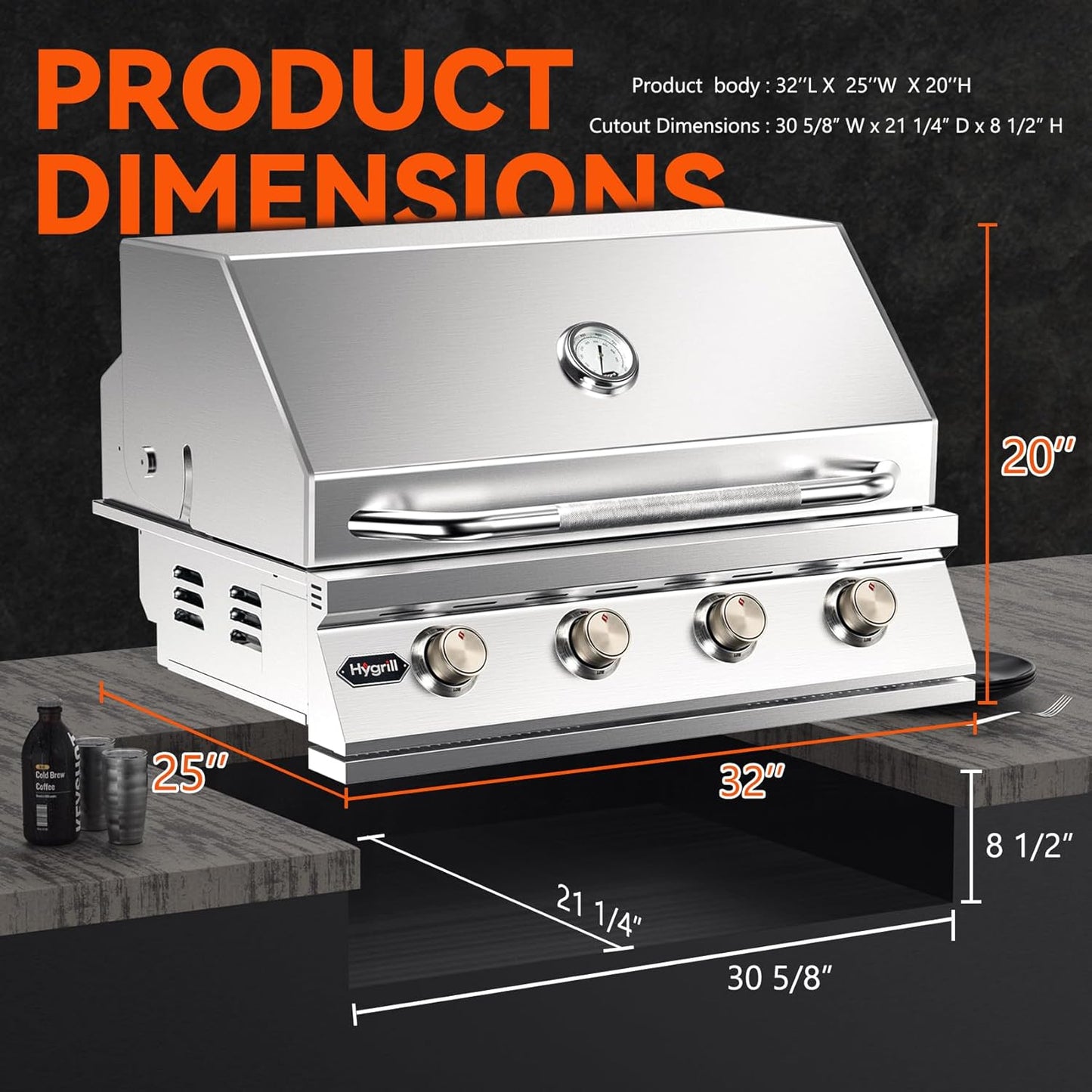 Hygrill 32-Inch Built In Grill, Stainless Steel 4-Burner Grill Head for Outdoor Kitchen, Natural Gas
