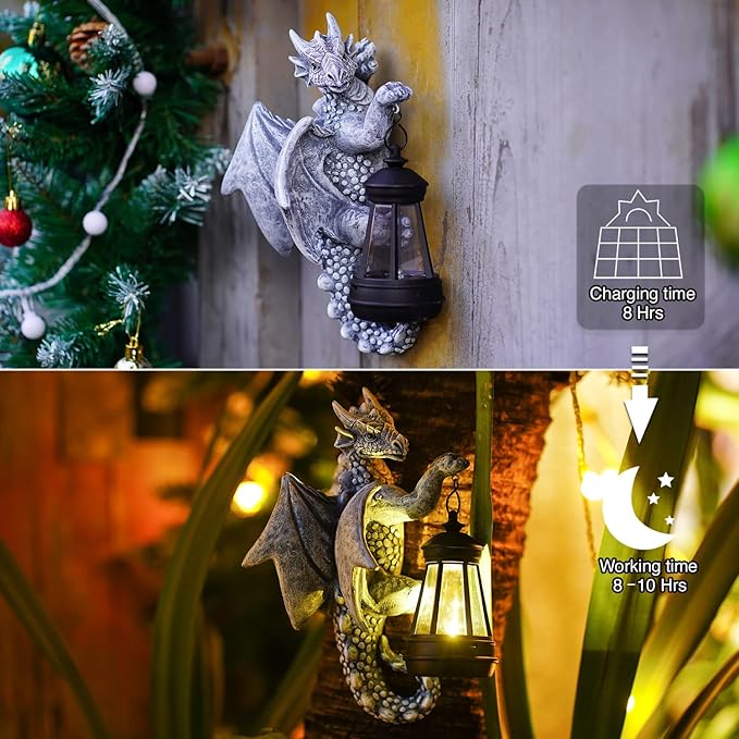 Goodeco Dragon Tree Hugger Solar Lantern Garden Statue - 9.3 Inch Resin Dragon Decor for Outdoor, Perfect Garden Gift & Yard Decor