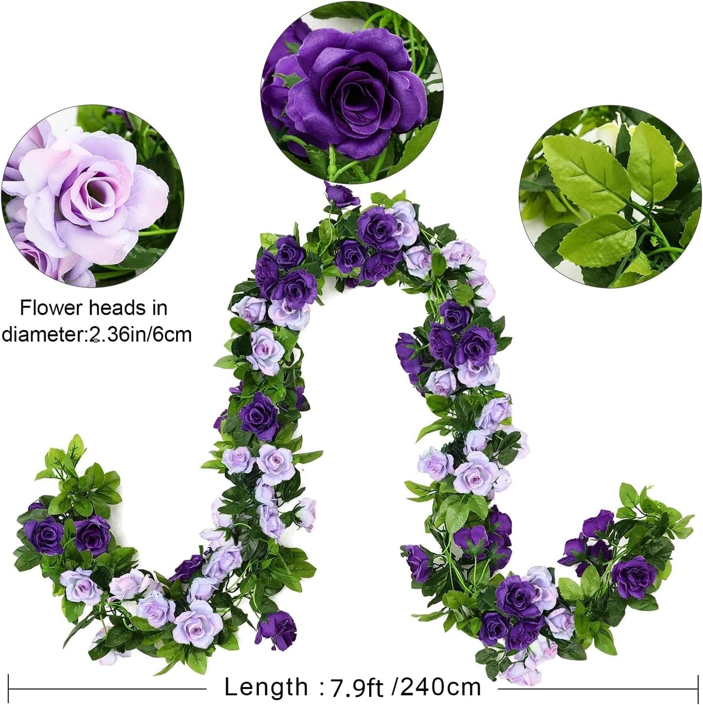 JUSTOYOU 2 Pack (15.8FT) Fake Rose Garland, Artificial Roses Vines Flower Garland Hanging Floral Vine Wedding Home Backdrop Party Arch Arrangement Decoration