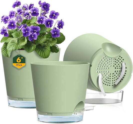 6 inch Self Watering Pots for Indoor Outdoor Plants, 3 Pack Flower Plant Pots with Drainage Holes and Clear Reservoirs, Visible Water Level, Plastic Planters with Wicking Rope, Green