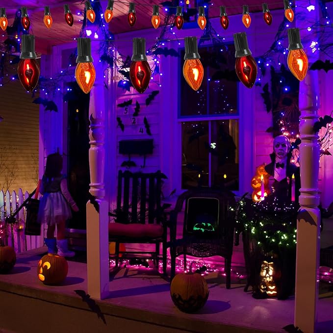 25Ft C7 Halloween Orange Purple String Lights Outdoor, Christmas Decorations Patio Lights with 25 Orange/Purple Flickering Flame Lights Waterproof UL Listed for Outdoor Party Garden Bistro Roof Decor