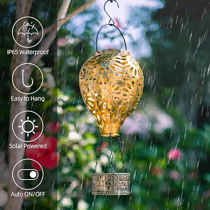Solar Hot Air Balloon Lantern, Hanging Outdoor Waterproof Yellow LED Lantern