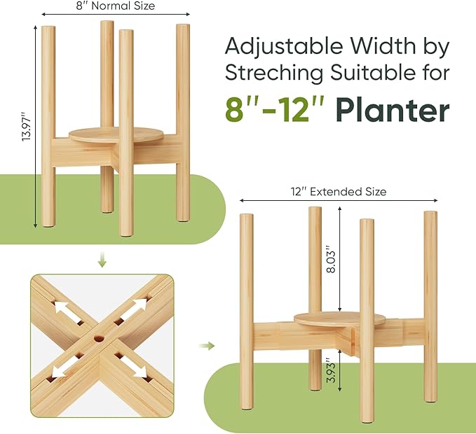 Adjustable Plant Stand, Bamboo Plant Stand Indoor with Tray, Wood Plant Stand for 8 to 12 inches Flower Pots, Single Mid Century Modern Plant Stand for Indoor Plants, Natural