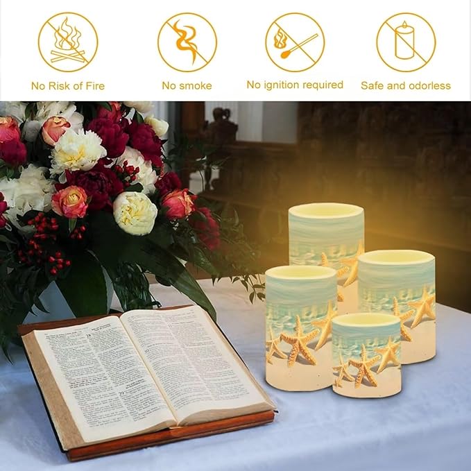 Flameless Candles Battery Powered LED Candle with Remote Timer Color Changing Control Set of 4 for Indoor Outdoor Beach Wedding Coastal Home Decorations, Beach Starfish Blue Sea