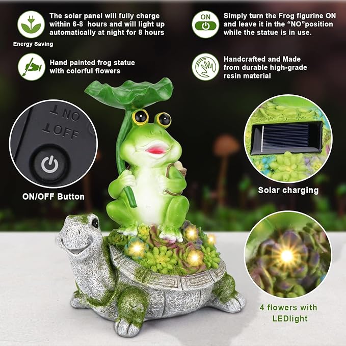 Solar Garden Statues Garden Decor Figurine Lights for Outside,Frog Gardens Statue,Fairy Garden Accessories,Valentine's Day Gift,Lawn Decor Tortoise Statue for Patio,Balcony,Yard Ornament