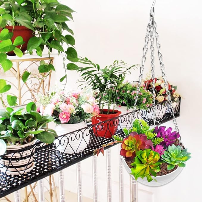 4 Pcs 8 inch Hanging Planter Pots,Self-Watering Round Hanging Basket with Water Tray and Metal Chain,Succulent Flower Plant Pot Container for Indoor Outdoor Garden Balcony Wall Decor,White