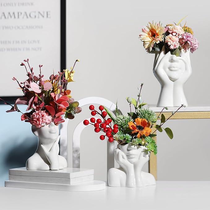 BrownLove Ceramic Face Vase White Flower for Decor Female Form Art Vase Modern Decorative Centerpiece for Table Shelf Living Room Office Bedroom