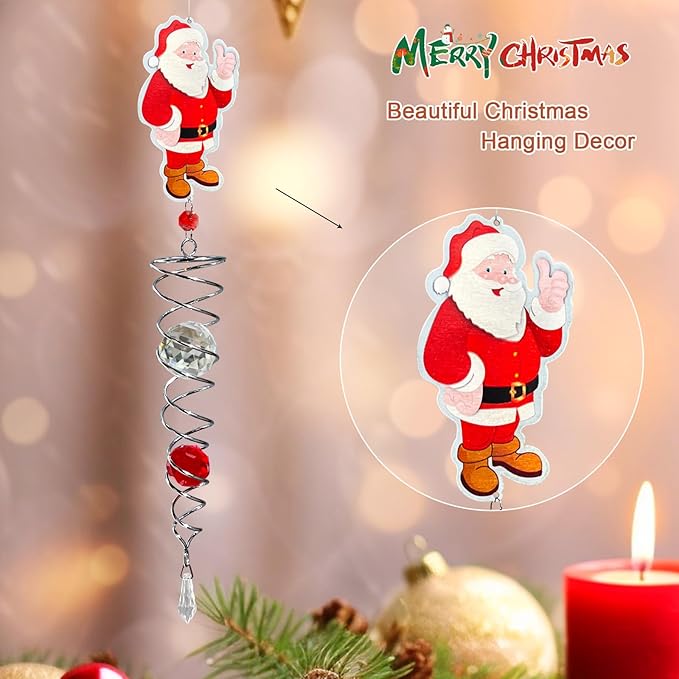 FONMY Santa Claus Gazing Ball Spiral Decorative Wind Spinner Sun Catcher Rainbow Maker Silver Spiral W/ K9 Crystal Ball Christmas Tree Hanging Ornament Indoor Outdoor Garden Decor. 22 in