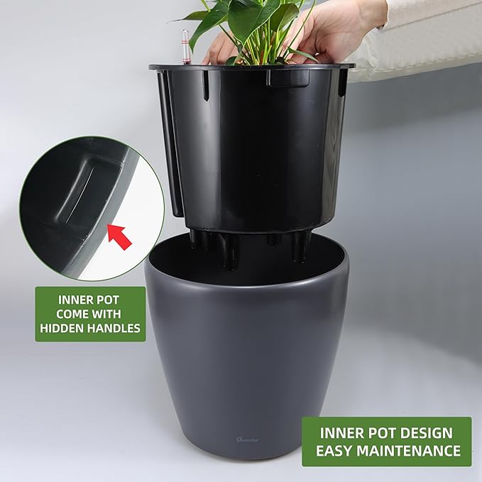 Dexceder 13x12 Self Watering Planter with Wheels Indoor Outdoor, Inner Pot Design, Thickened Large Floor Standing Flower Plant Pot with Water Level Indicator (Slate Gray Matte)
