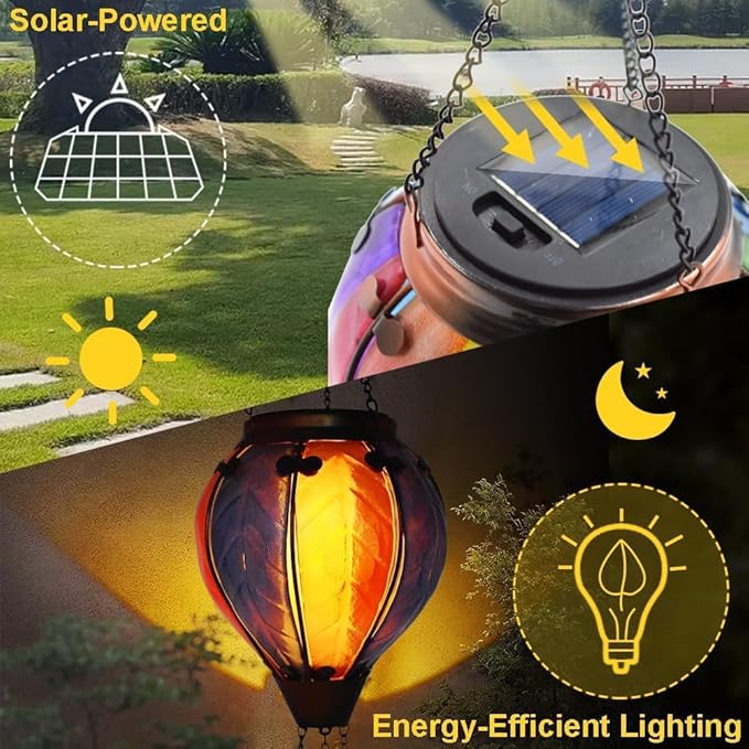 Hot Air Balloon Solar Lantern with Flickering Flame Outdoor Waterproof Decorative Hanging Light for Garden Patio Yard and Party Decor
