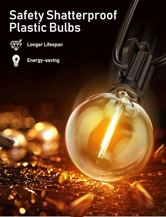 Brightown Led String Lights Outdoor 100Ft Waterproof G40 Patio Lights with 104(4 Spare) Led Shatterproof Bulbs, Led Globe Hanging Lights for Porch Bistro Balcony Backyard Decor, E12 Socket, 2200K