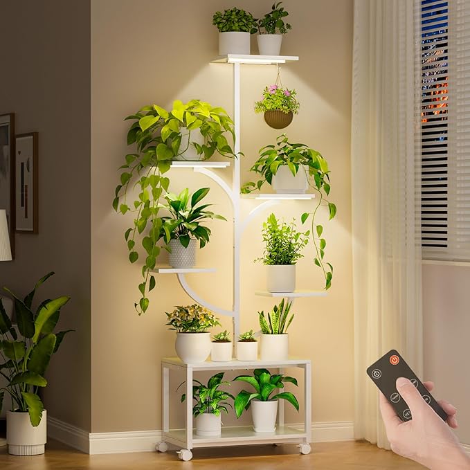 Plant Stand Indoor with Grow Lights, 60" Tall 7-Tier Metal Plant Stand with Wheels & Tree-Shaped Design for Indoor Plants, Flower Holder Display Rack for Home, Patio - White