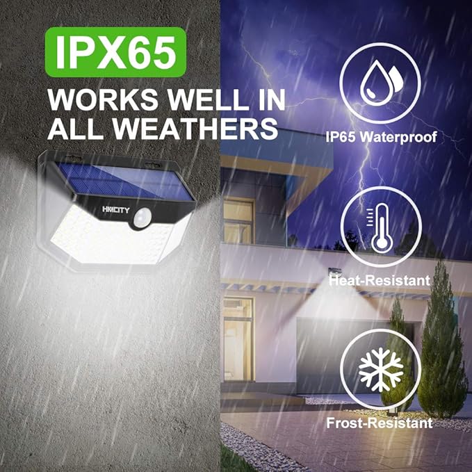 HMCITY Solar Lights Outdoor 120 LED with Reflector and 3 Lighting Modes,Motion Sensor Wall Lights, IP65 Waterproof Solar Powered Wall Lights for Garden Deck Lights (Back Button 4Packs, Daylight White)