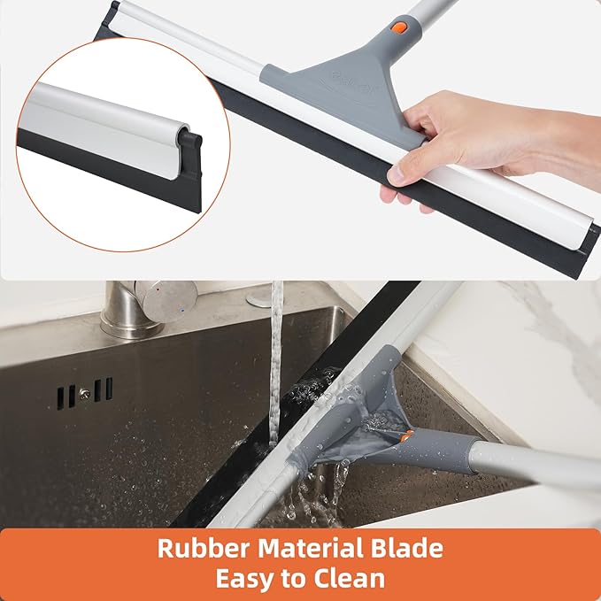 Eazer Floor Squeegee Broom: Heavy Duty Scrubber with Extendable 50.3'' Aluminum Pole and Rubber Blade for Kitchen, Swimming Pool, Concrete Floors,Shower,Tiles,Garages,Windows,Glass,Pet Hair Removal