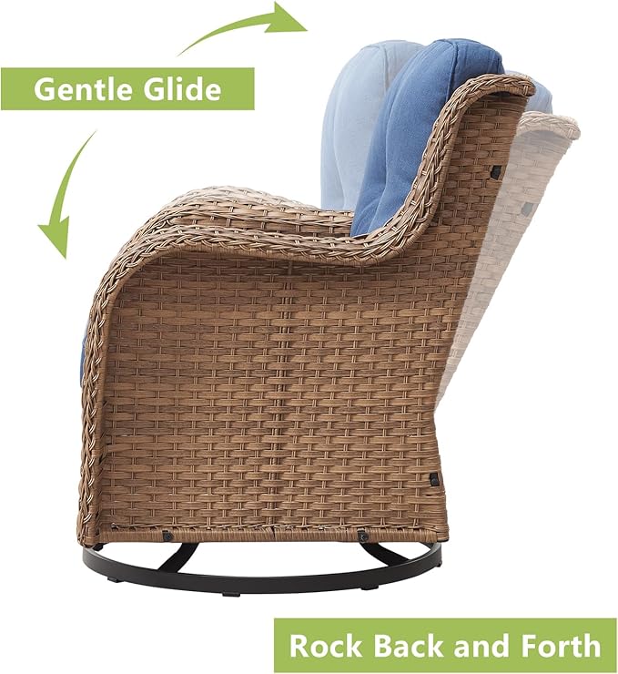 Outdoor Wicker Patio Furniture Set - 6 Piece Rattan Patio Conversation Set with 2 Rocking Swivel Chairs,2 Ottomans,1 Sofa and 1 Coffee Table for Porch Deck Backyard Garden(Yellow/Blue)