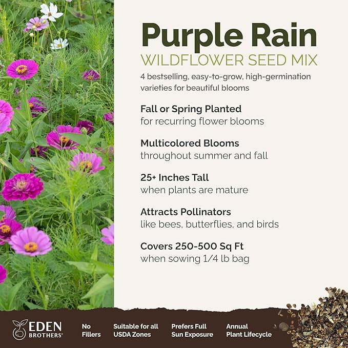 Eden Brothers Purple Rain Flower Mixed Seeds for Planting, 1/4 lb, 120,000+ Seeds with Zinnia Purple Prince & Violet Queen, Cosmos, Attracts Pollinators, Plant in Spring, Zones 3, 4, 5, 6, 7, 8, 9, 10