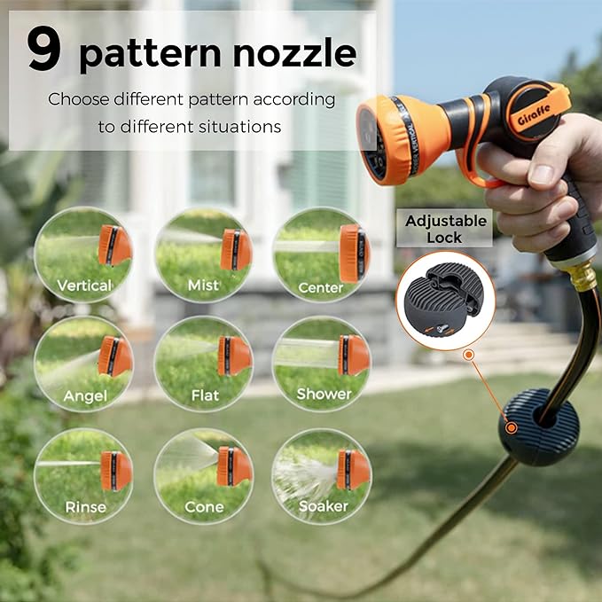Giraffe Tools Metal Retractable Hose Reel 130 FT Wall Mounted Heavy Duty Hose Reel with 9 Pattern Nozzle 180 Deg Swivel, Metal Bracket Any Length Lock (1/2 130FT PRO, Dark Grey)