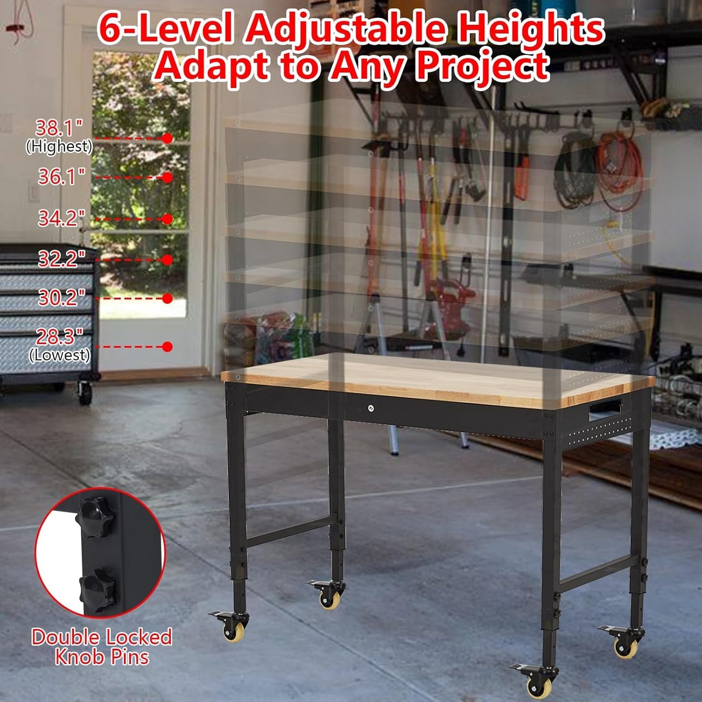 48'' Adjustable Workbench, Heavy Duty Workbench with Power Outlet and Lockable Wheels, 2000 LBS Capacity, Work Table Suitable for Office, Garage, Workshop