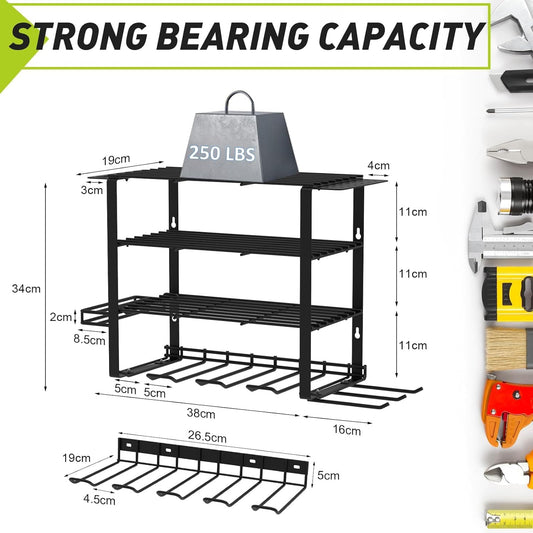 5 Layers 2 IN 1 Power Tool Organizer Wall Mount for Dad, 8 Cordless Drill Holder Garage Organization Heavy Duty Metal Loads 250LBS, Garage Shelving for Garden Power Tool Storage, Tool Rack for Men