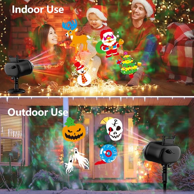 Slide Show Christmas LED Holiday Projector Outdoor, Waterproof 2-in-1 Ocean Wave Effect Christmas Projector Lights with 16 Slides Patterns & 10 Colors for House Garden Yard Xmas Decorations