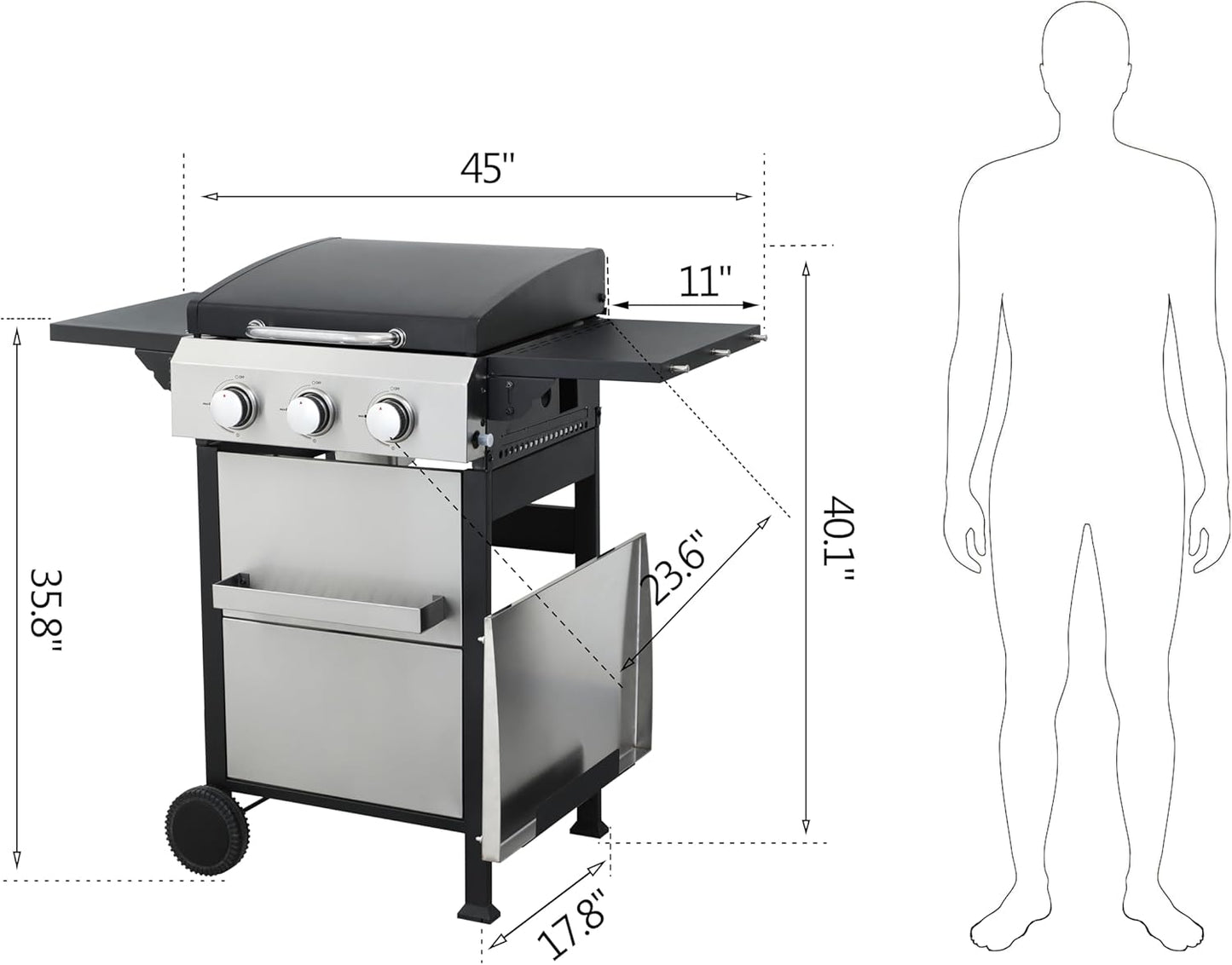 3-Burner Propane Gas BBQ Grill with SS Plancha, 36,900 BTU Output, Wire Enamel Grids, Foldable Side Table and Hanging Basket, Stainless Steel Grill for Patio Use