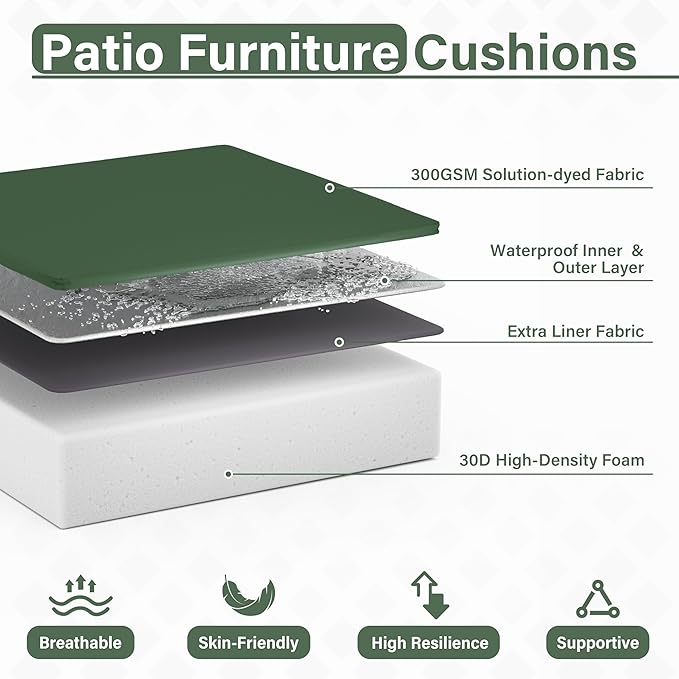 Patio Chair Cushions 24 X 24 X 5 Inch Waterproof Outdoor Seat Cushions for Patio Furniture, Outdoor Sofa Couch Pads with Ties & Handle, Set of 2, Green