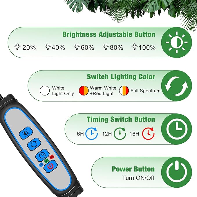 Wolezek Grow Lights for Indoor Plants, 2 Pack 6000K LED White Plant Grow Lights Indoor, Full Spectrum Grow Lamp with Clip, Auto ON & Off Timer 6/12/16H, 3 Modes, 5-Level Dimmable Brightness