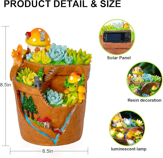 Garden Solar Figurine Light - Flowerpot Succulent Solar Light Outdoor, Solar Powered Lighting Outside Decorations Yard Art Lawn Ornaments for Porch Patio Balcony - Succulent Gifts for Women Mom