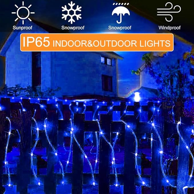 300 LED Solar Rope Lights Outdoor 99 FT Bright Solar Garden String Lights Durable 8 Modes Outdoor Fairy Lights Waterproof Solar Garden Decorative Lights (300LED, Blue)