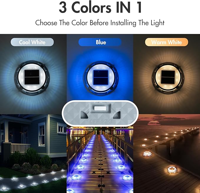 Quntis Solar Deck Lights Outdoor 12 Pack, 3 Color Modes Solar Driveway Lights IP68 Waterproof, Deck Light for Stair Pathway Pool Walkway Road (Blue/Cool White/Warm White)
