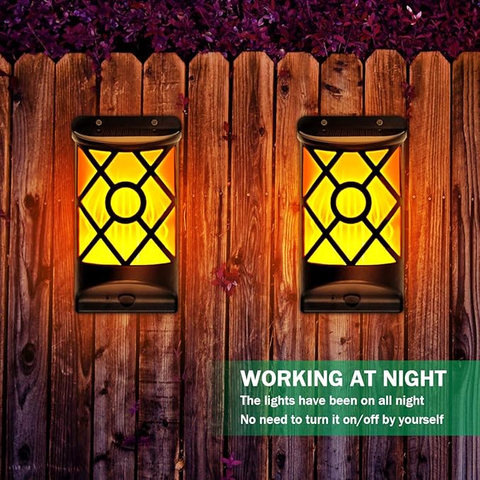 Solar Flame Lights Outdoor, Realistic 3D Flickering Flames with 66 Ultra-Bright LEDs - Waterproof Wall Mount Lanterns for Deck, Fence, Patio, Garden, Auto On/Off (4-Pack Value Set)