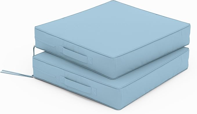 Patio Chair Cushions 17 X 16 X 3 Inch Waterproof Outdoor Seat Cushions for Patio Furniture, Outdoor Sofa Couch Pads with Ties & Handle, Set of 2, Light Blue