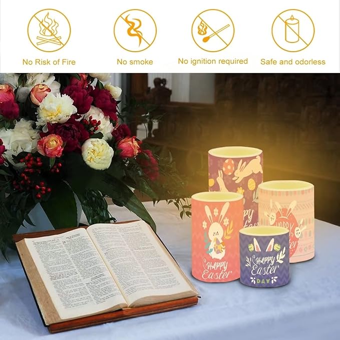 Happy Easter Flameless LED Battery Candles 4PCS Pillar Candles with 18-Key Timer Remote Color Changing Lights for Easter Party Day Celebration Decor, Cute Floral Bunny Rabbit
