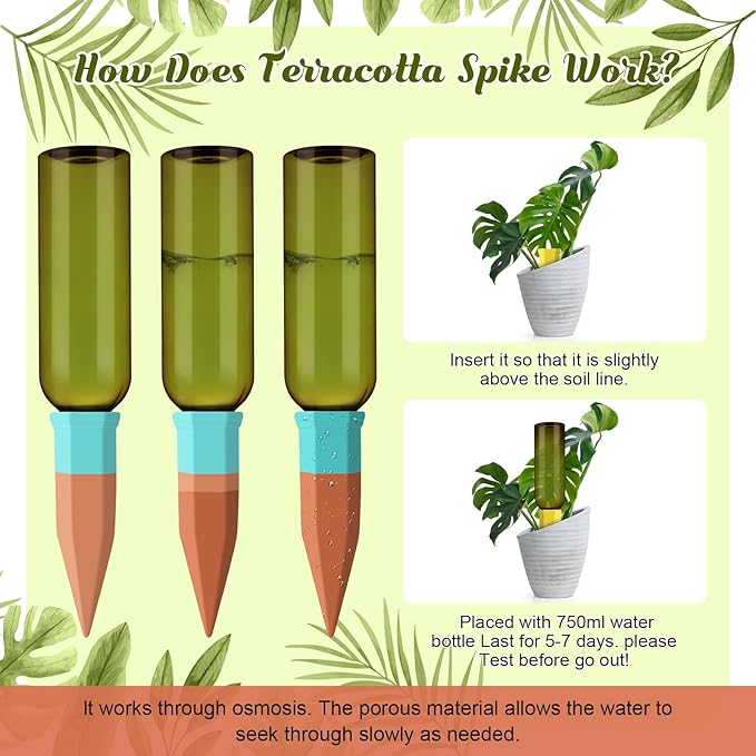 12 Set Plant Watering Devices Include Terracotta Self Watering Spikes and 26 oz Plastic Bottles, Slow Release Vacation Insert Automatic Plant Waterer Device (Green and Mixed Color)