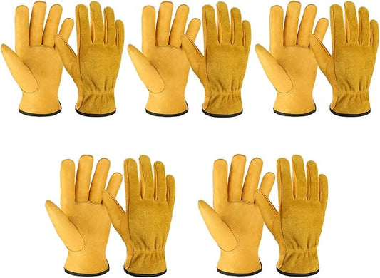 OZERO 5Pair Leather Work Gloves Cowhide Garden Glove for Wood Cutting/Yard Gold,Large